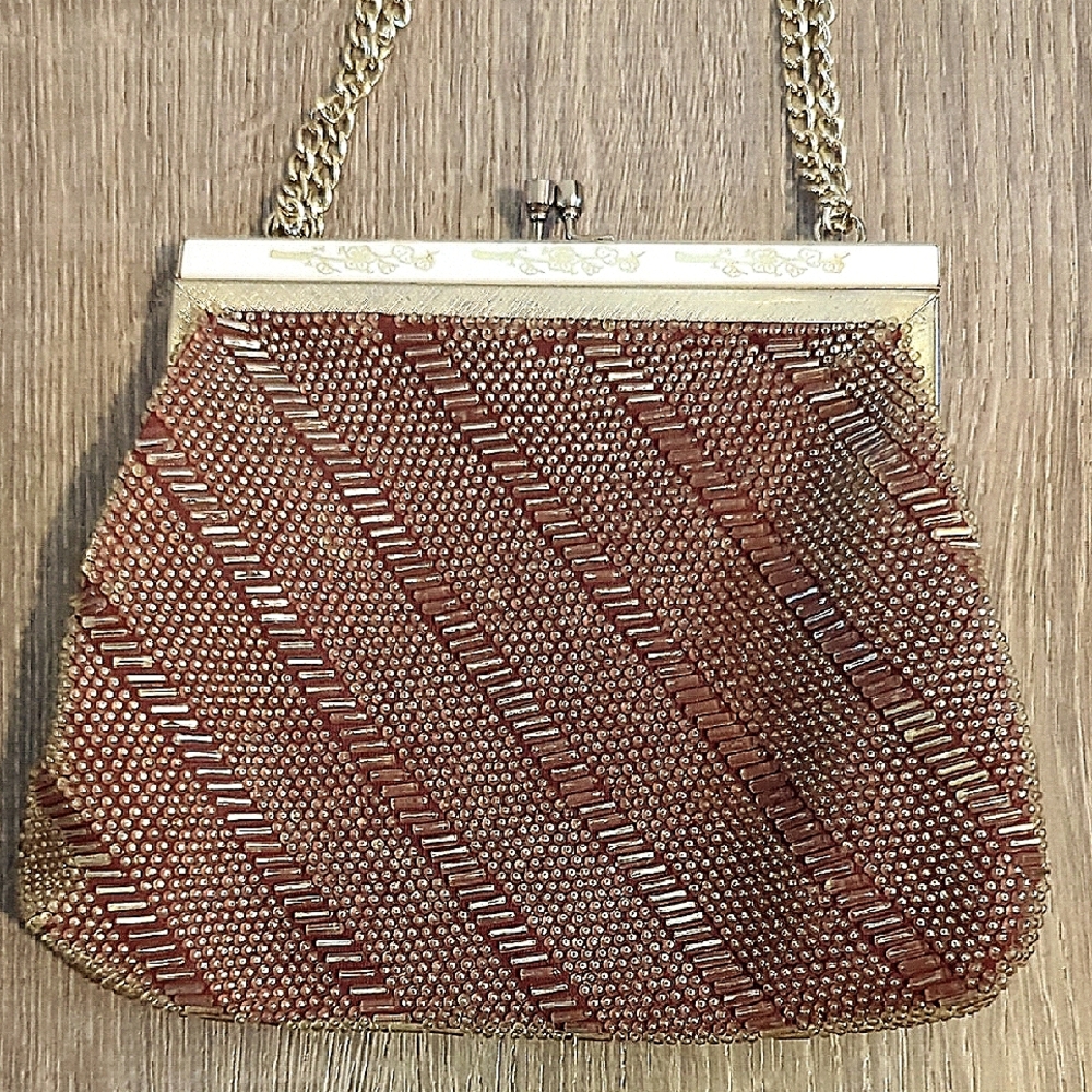 Vintage Beaded Hong Kong Brown White Enamel Metal Handbag